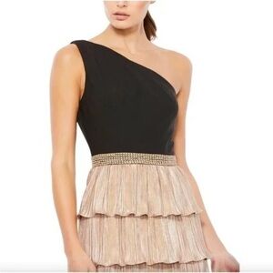 Black and Cream One-Shoulder Fit and Flare Cocktail Dress